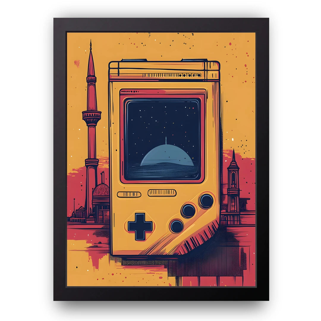 Handheld Skyline gaming poster in black frame