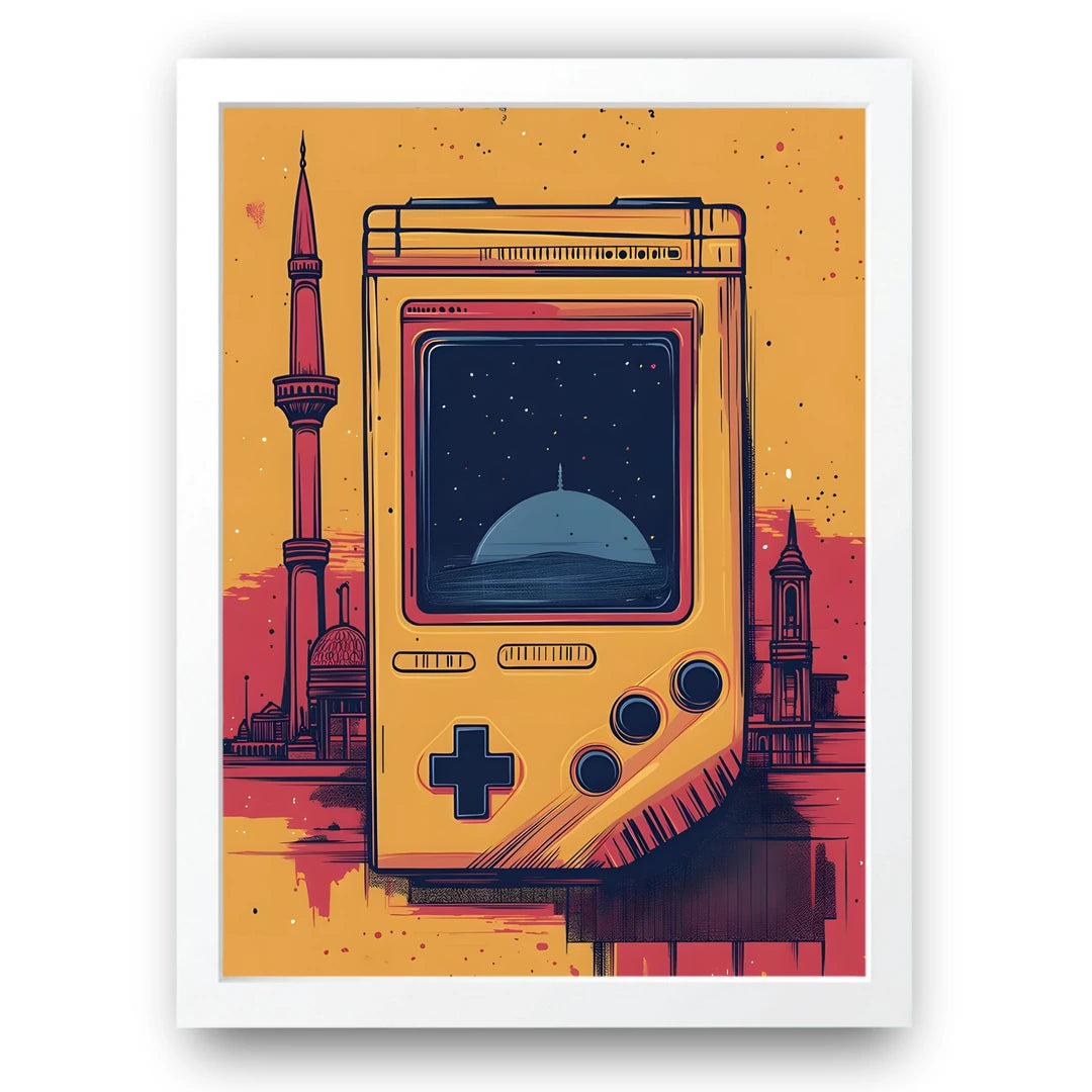 Handheld Skyline gaming poster in white frame