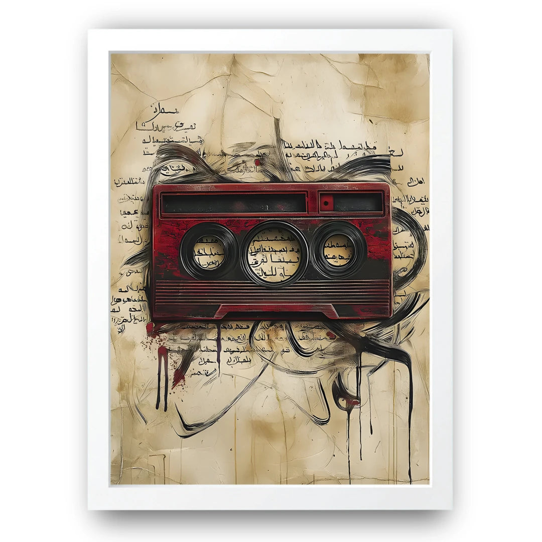 Radio On Parchment retro poster in white frame