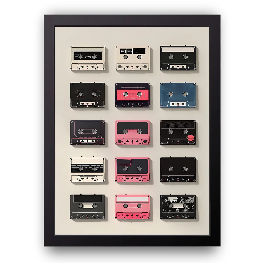 Cassette Grid retro poster in black frame