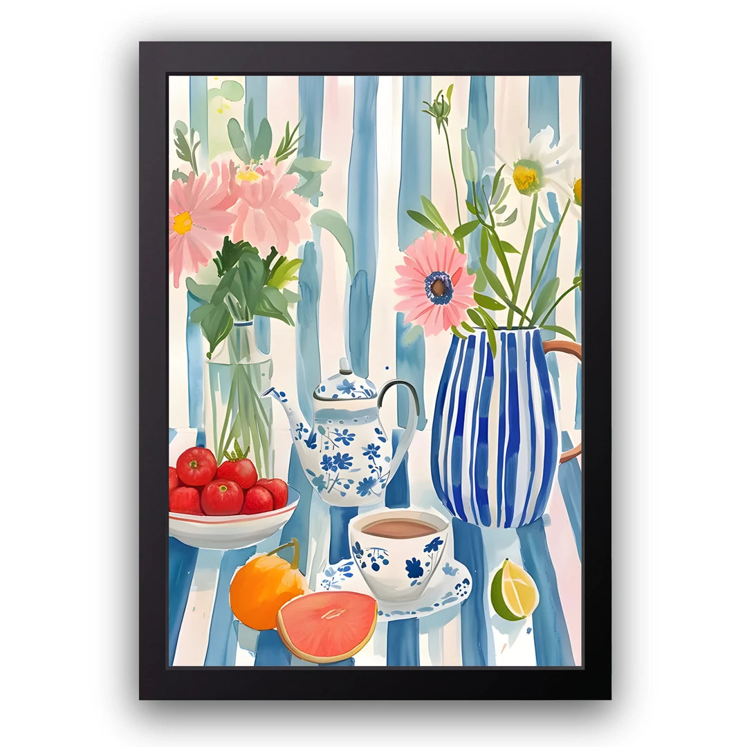 Citrus Tea Time floral poster in black frame