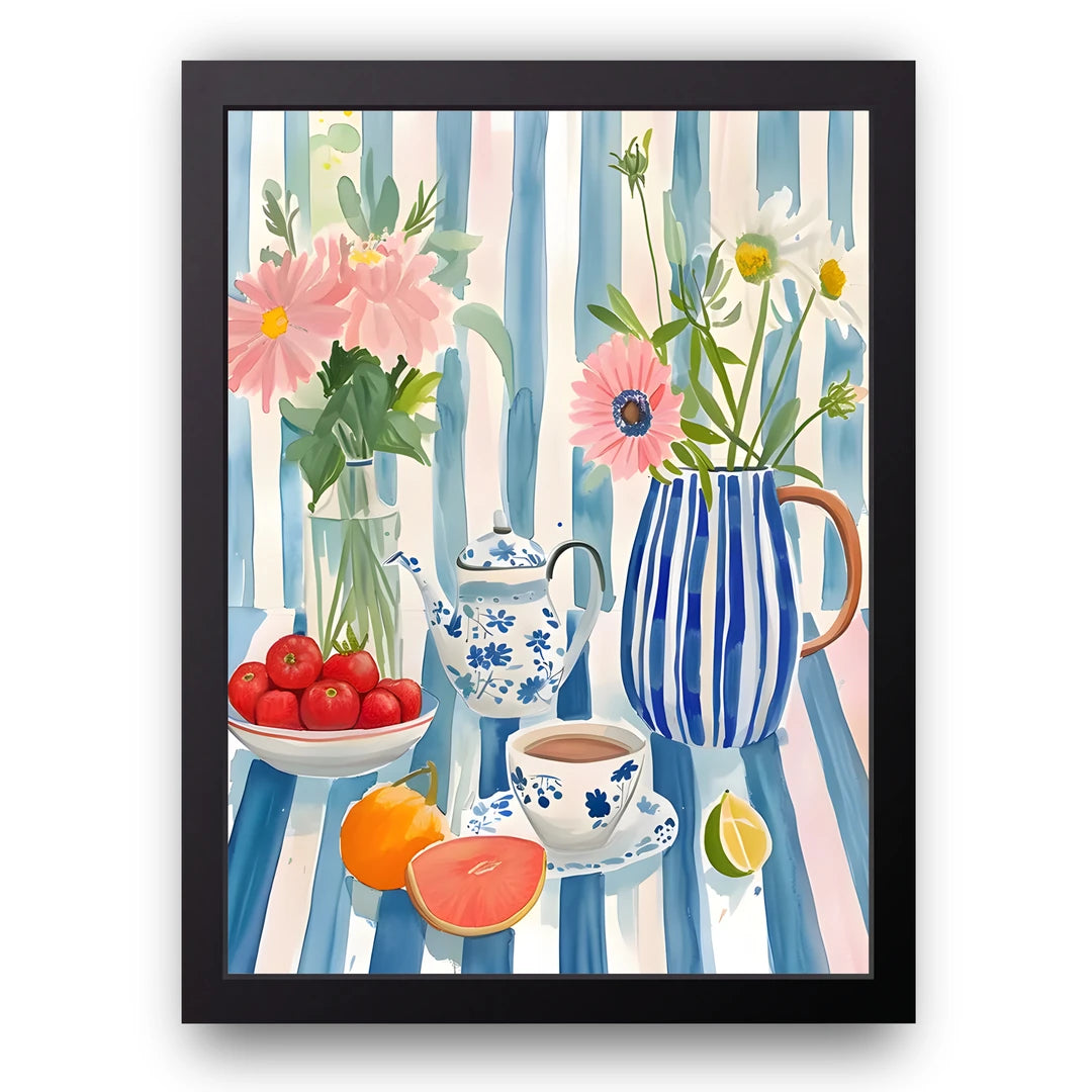 Citrus Tea Time floral poster in black frame