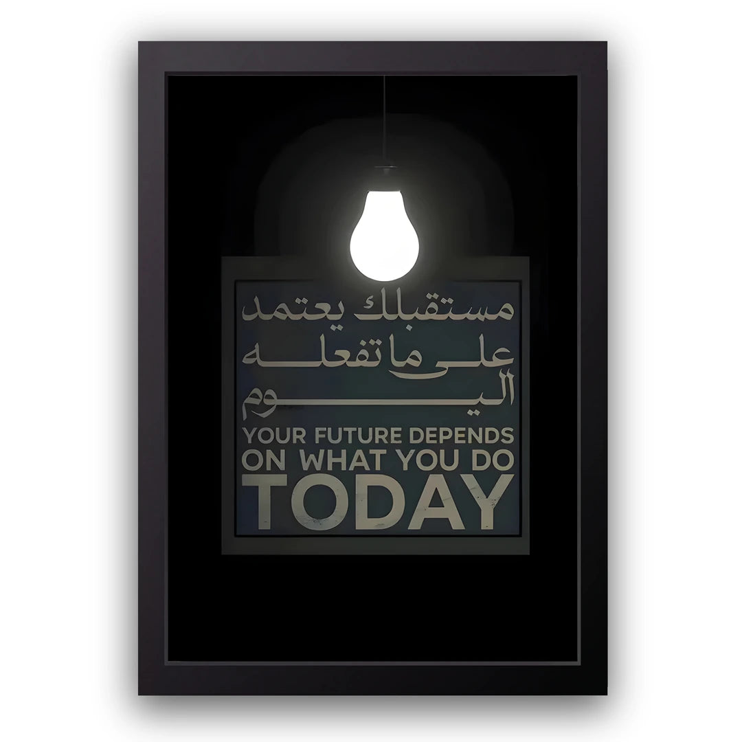 Your Future Depends On Today quote poster in black frame