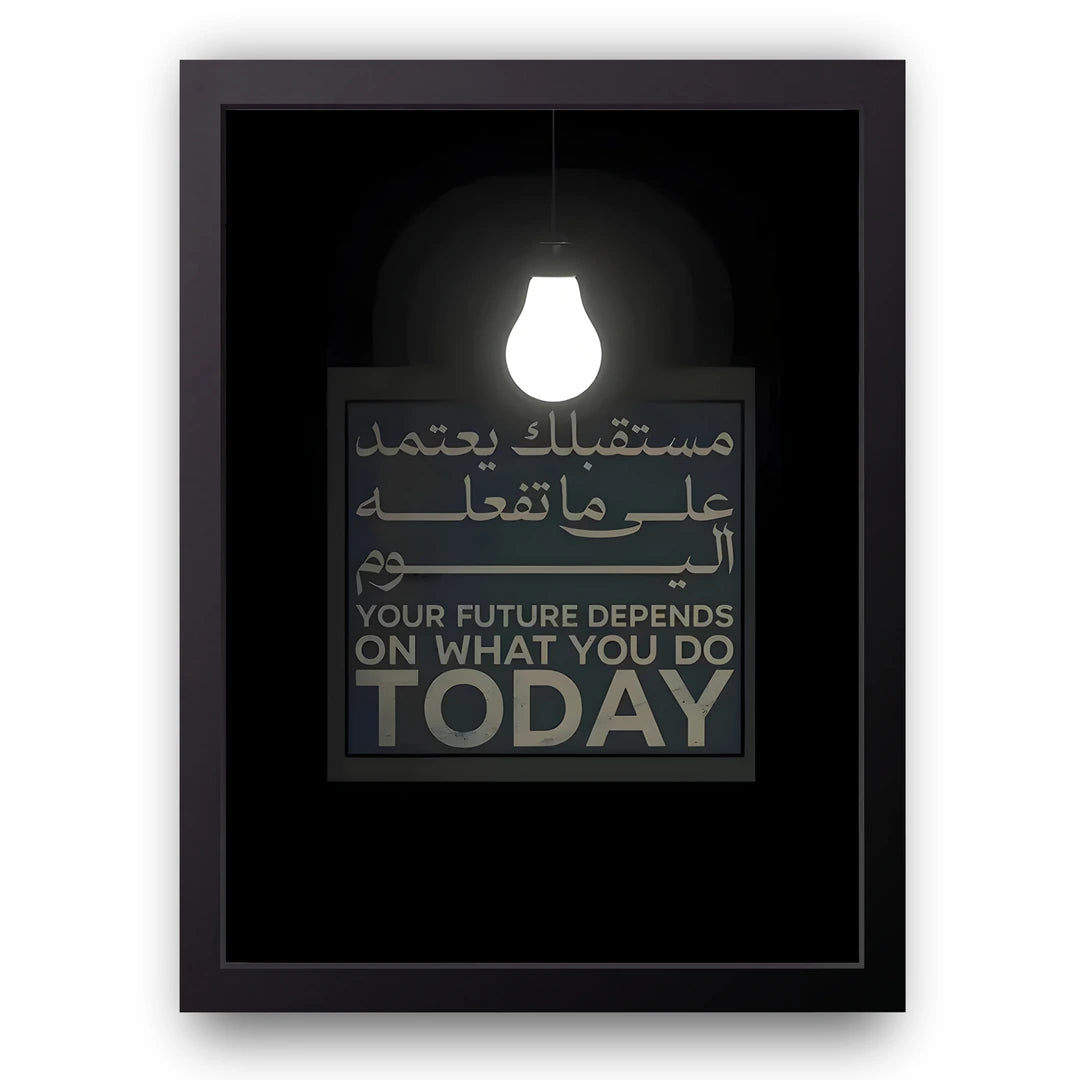 Your Future Depends On Today quote poster in black frame