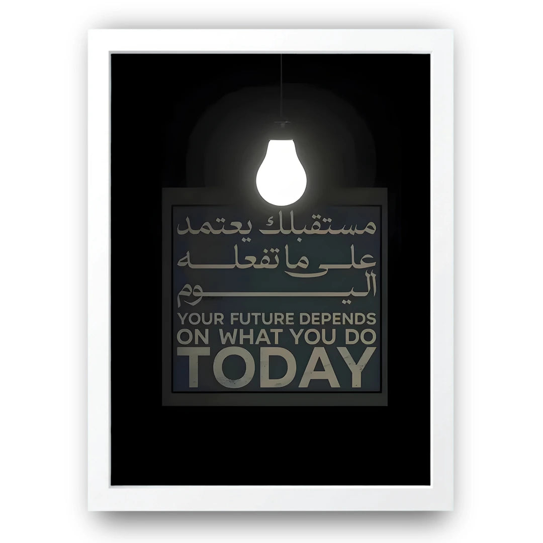 Your Future Depends On Today quote poster in white frame