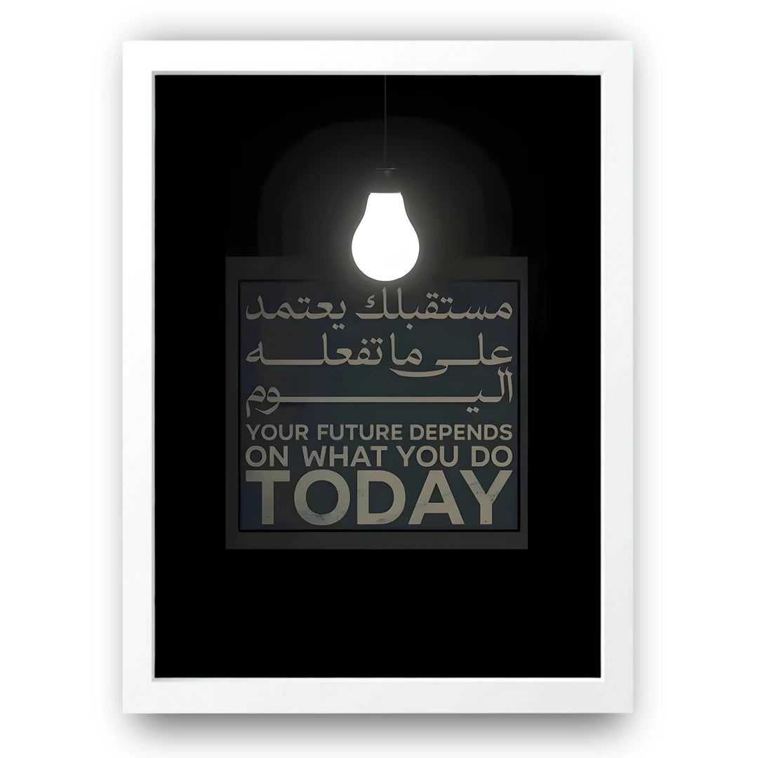 Your Future Depends On Today quote poster in white frame