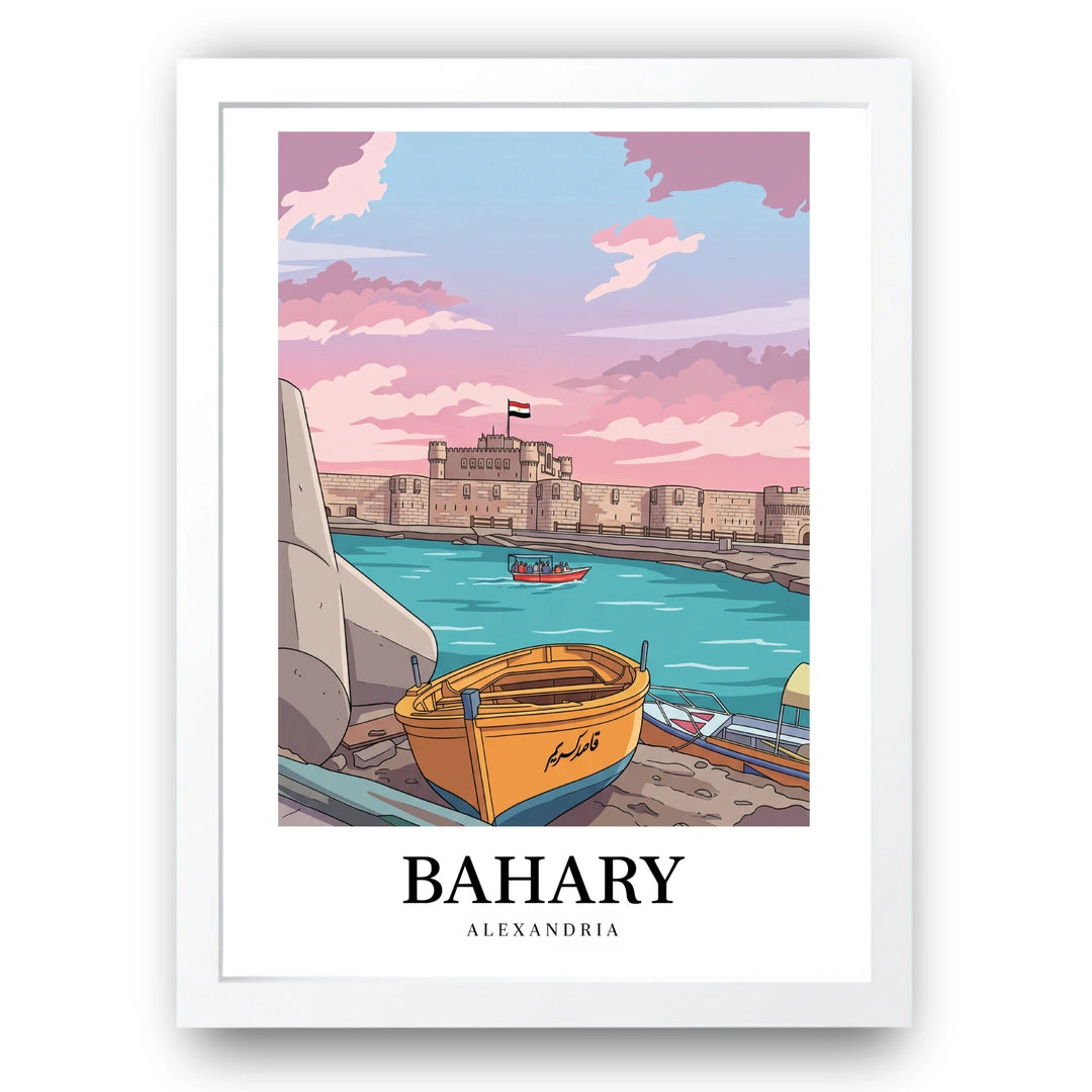 Bahary Alexandria travel poster in white frame