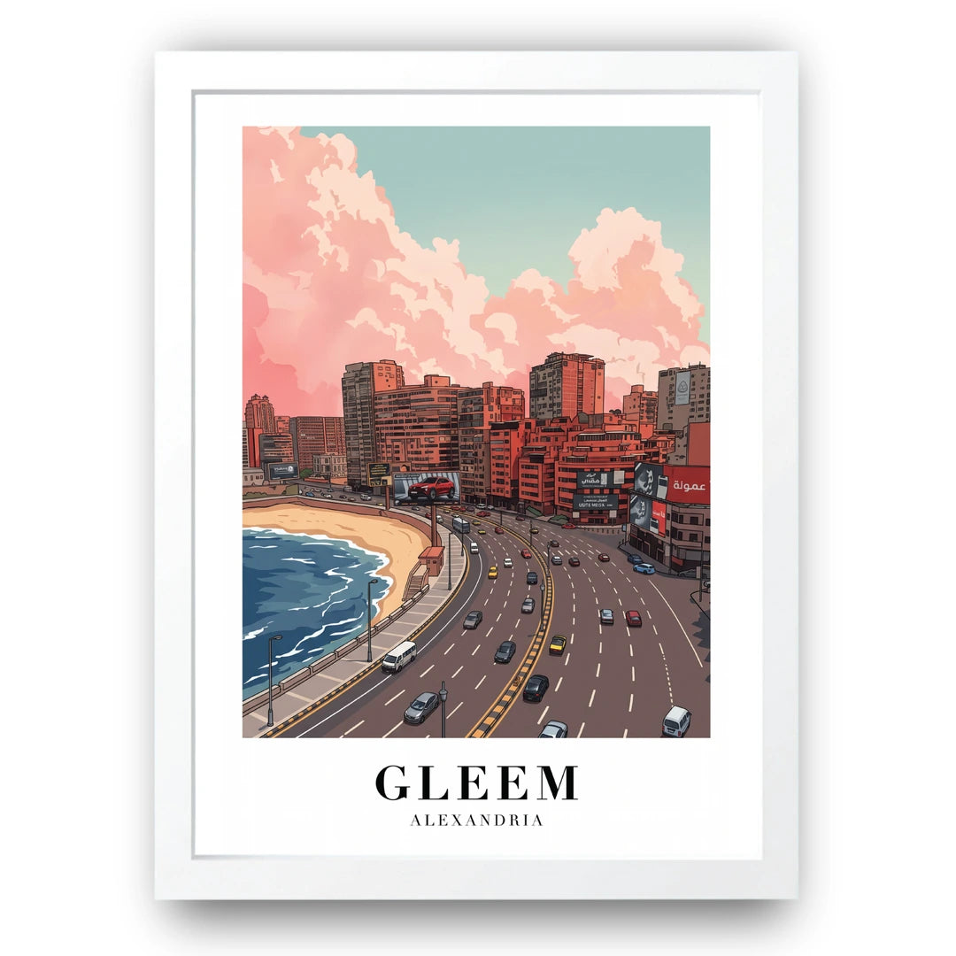 Gleem Alexandria travel poster in white frame