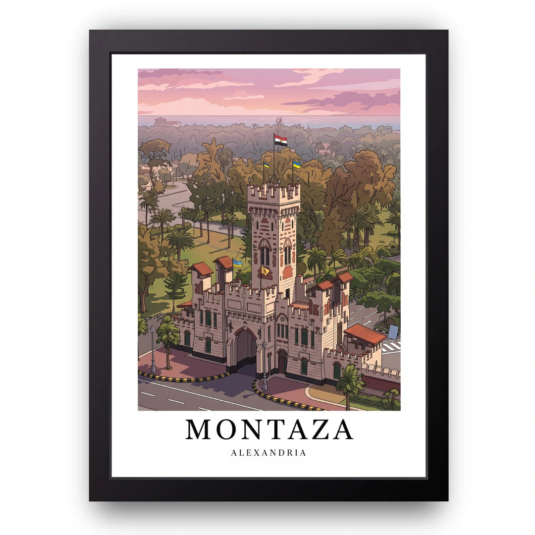 Montaza Alexandria travel poster in black frame