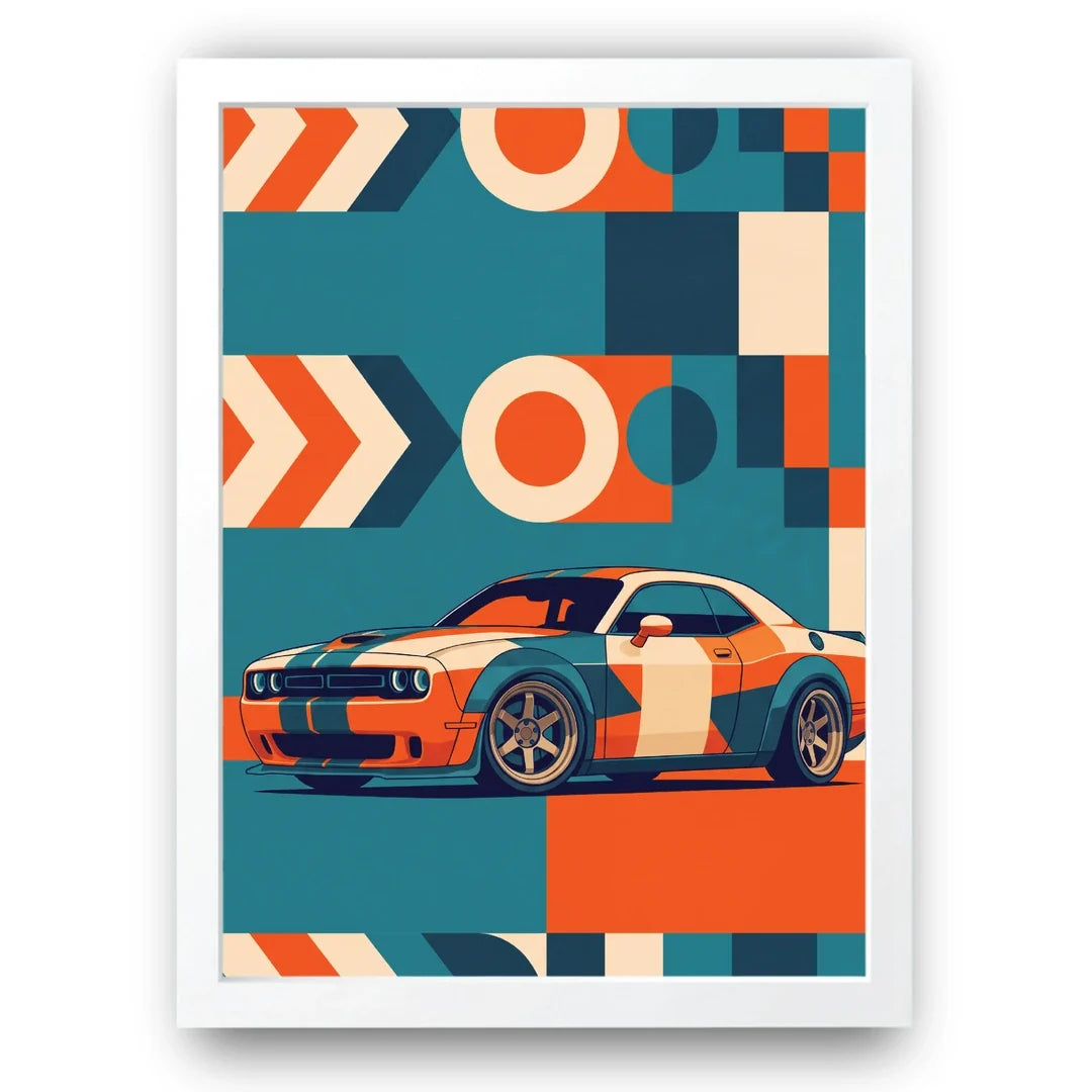 Orange muscle car geometric poster in white frame