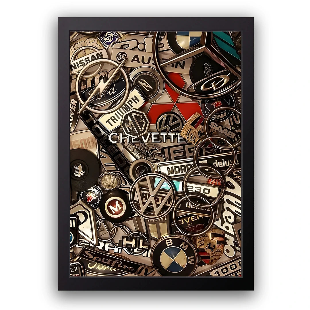 Badge Wall car badges poster in black frame