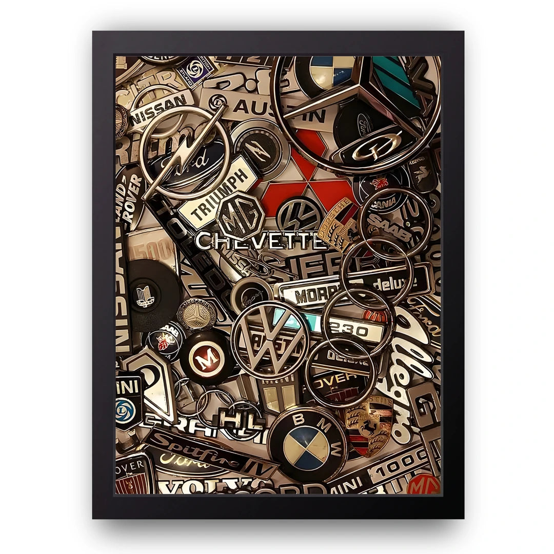 Badge Wall car badges poster in black frame