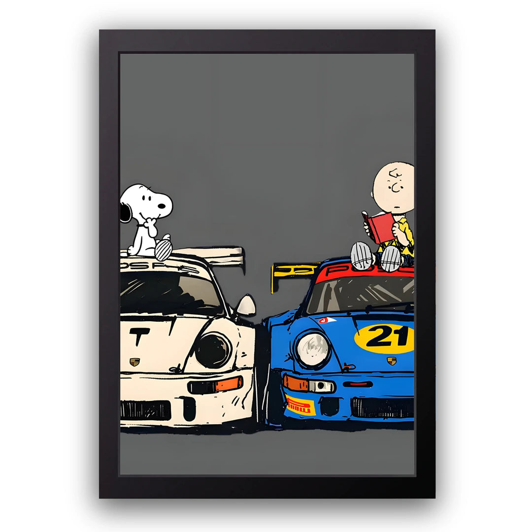 Race Day Buddies cartoon car poster in black frame