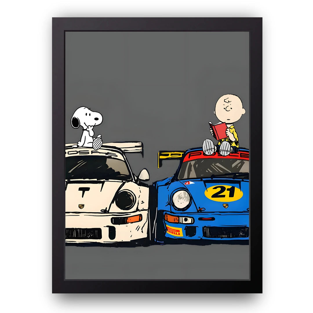Race Day Buddies cartoon car poster in black frame