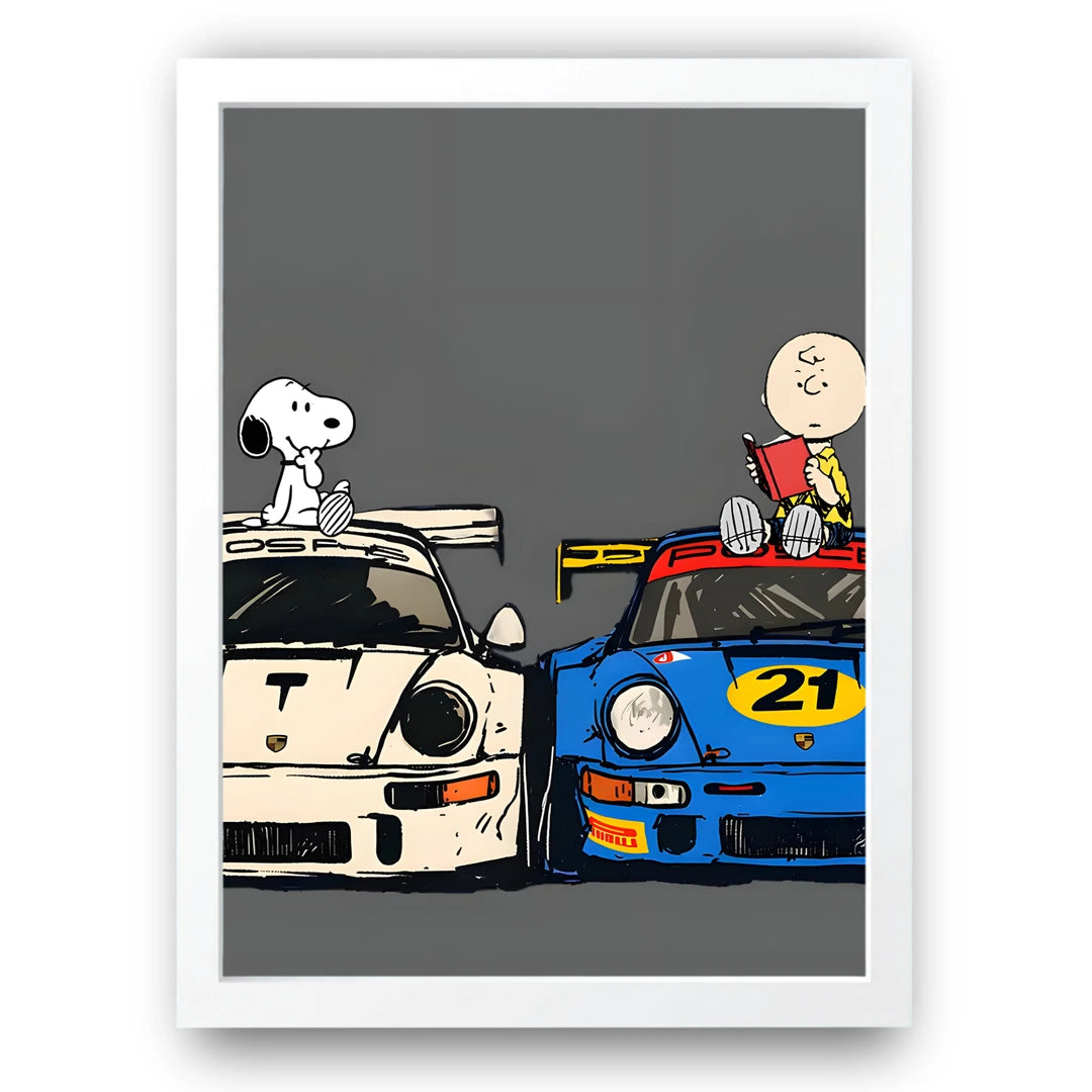 Race Day Buddies cartoon car poster in white frame