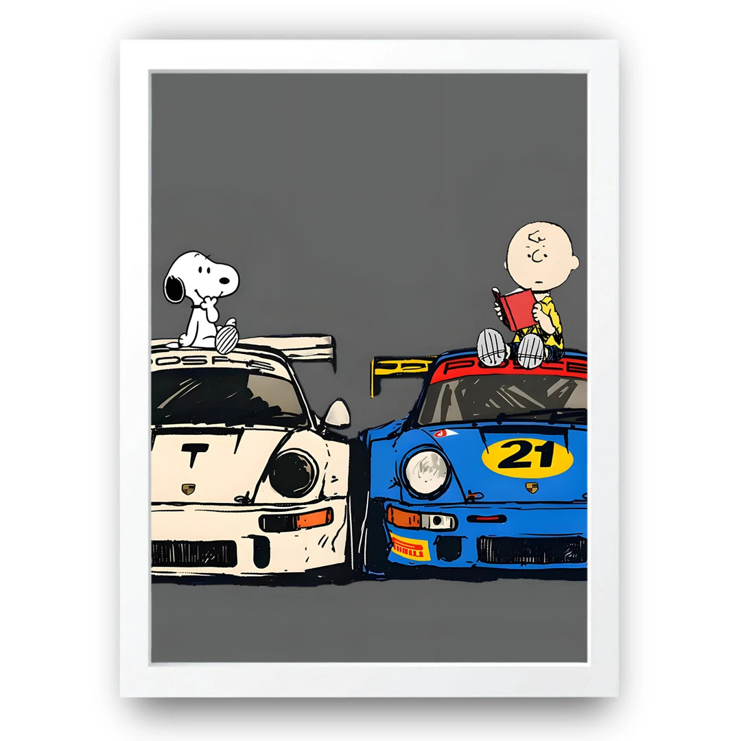 Race Day Buddies cartoon car poster in white frame