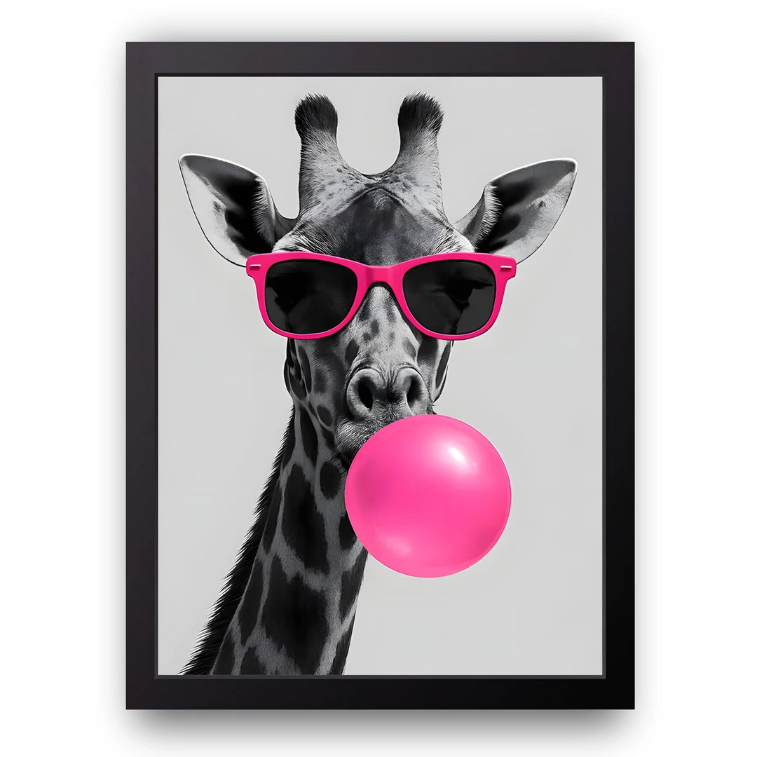 Bubblegum Giraffe animal poster in black frame