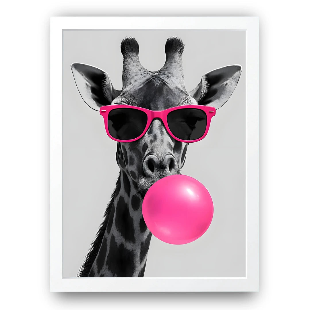 Bubblegum Giraffe animal poster in white frame