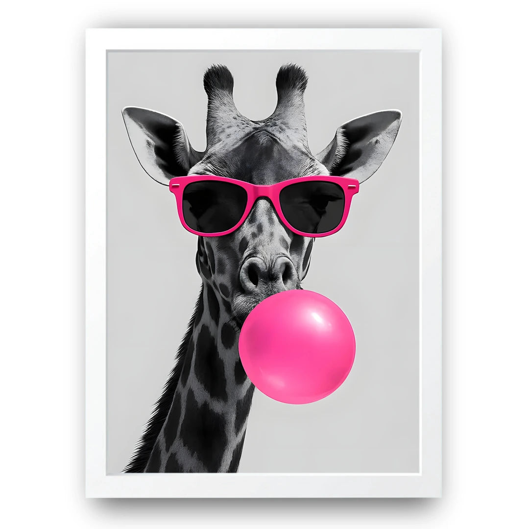Bubblegum Giraffe animal poster in white frame