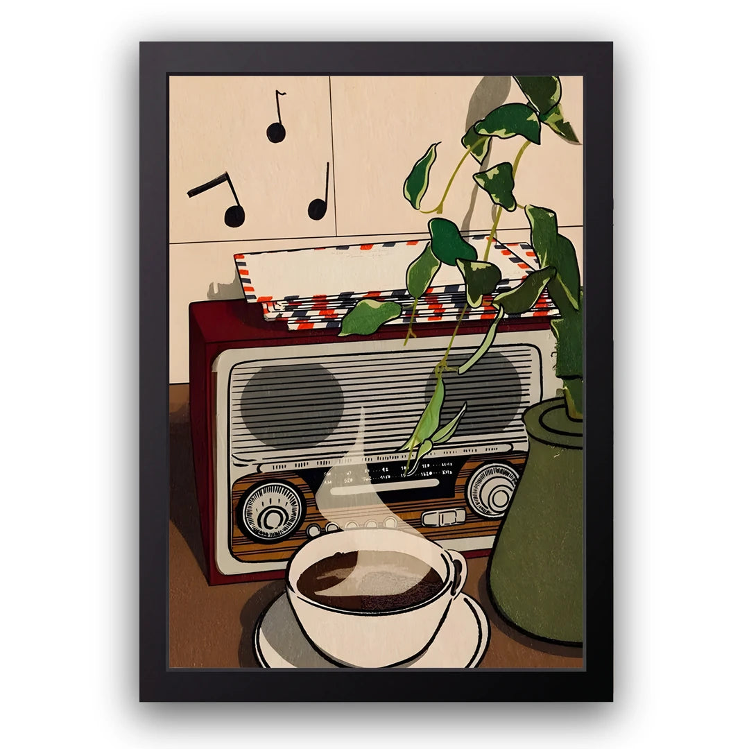 Radio Mornings retro poster in black frame