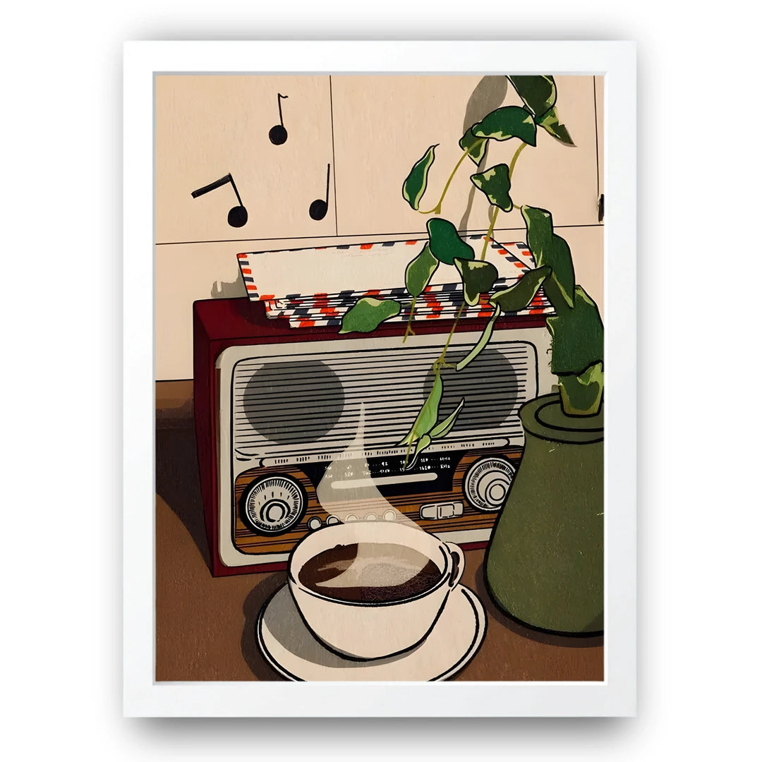 Radio Mornings retro poster in white frame