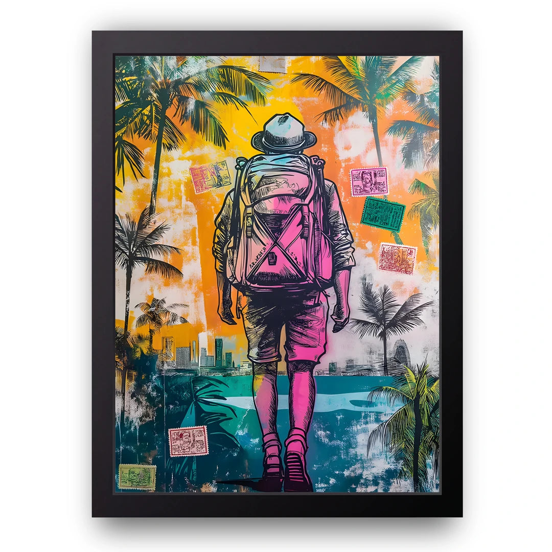 Wanderer travel art poster in black frame
