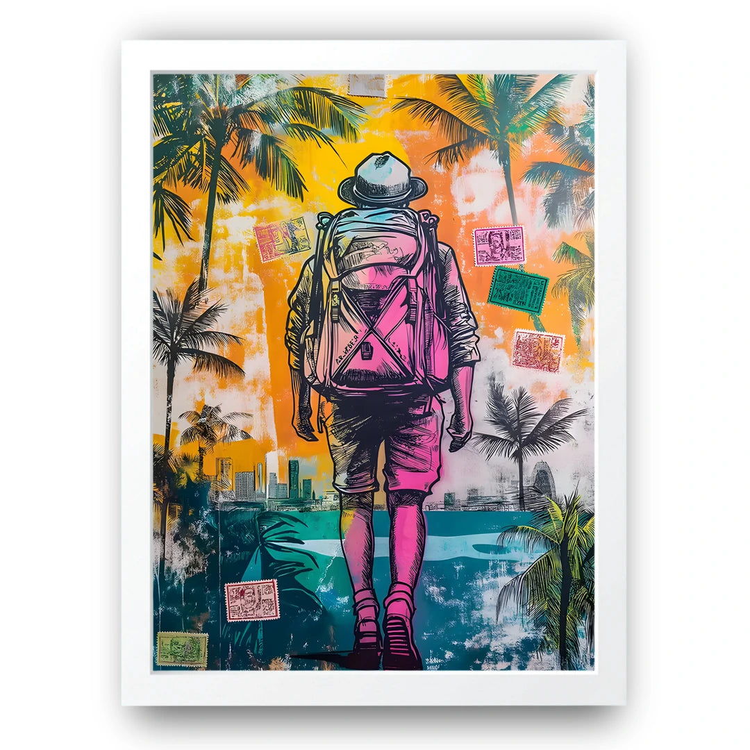 Wanderer travel art poster in white frame