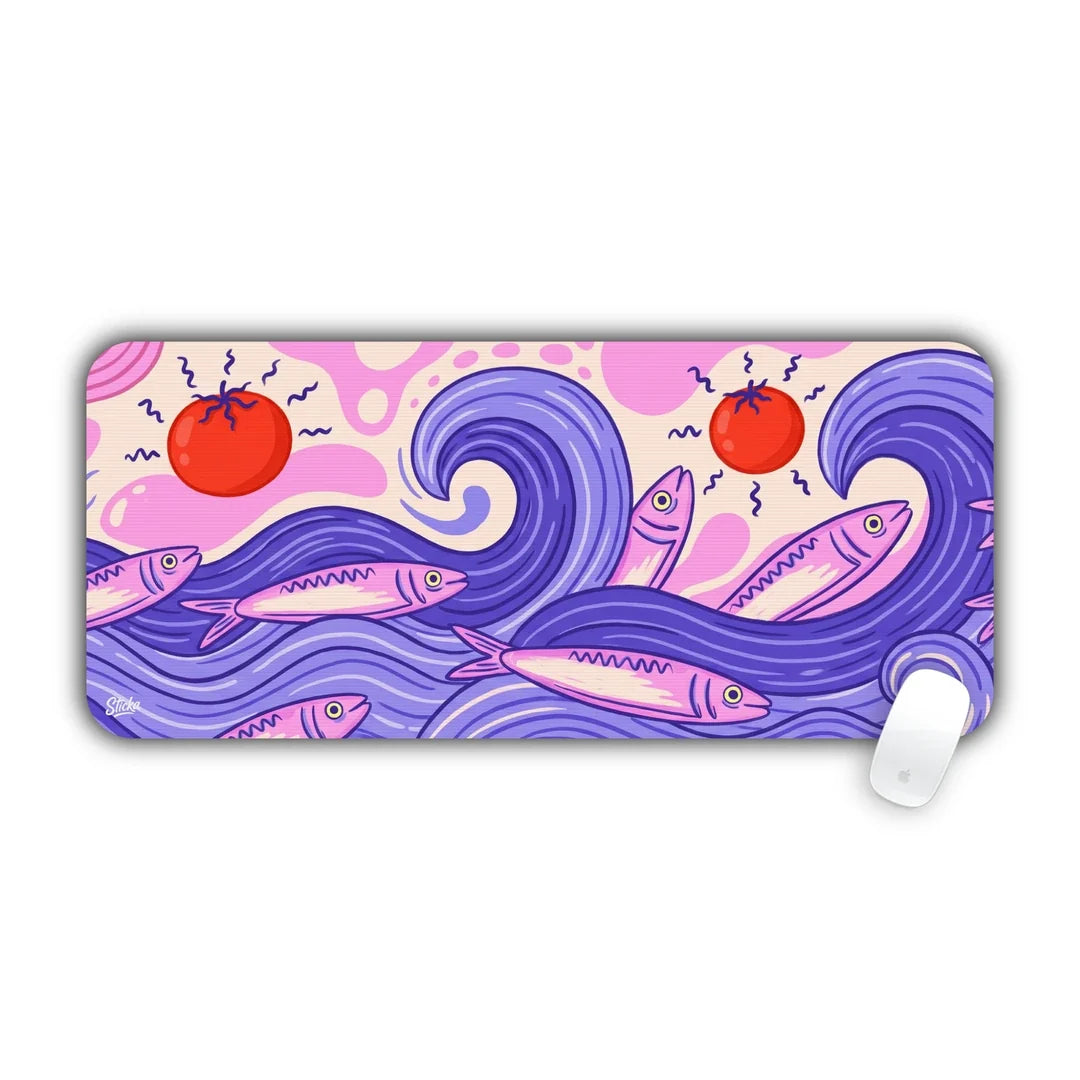 Purple waves and fish illustration large mouse pad 70x30