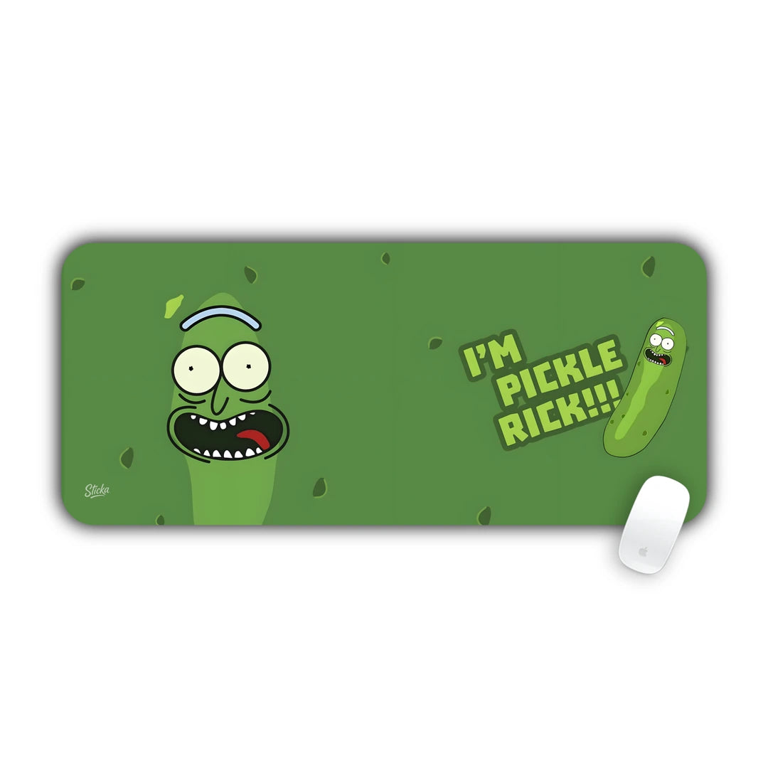 Pickle Rick smiling on green background with I'm Pickle Rick typography desk pad 70x30