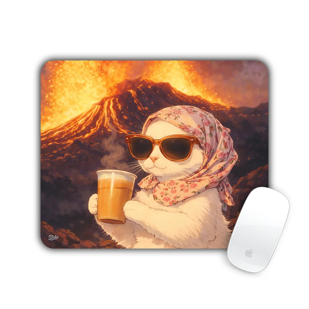 Cat in a floral headscarf and sunglasses sipping tea in front of an erupting volcano mouse pad 23x19