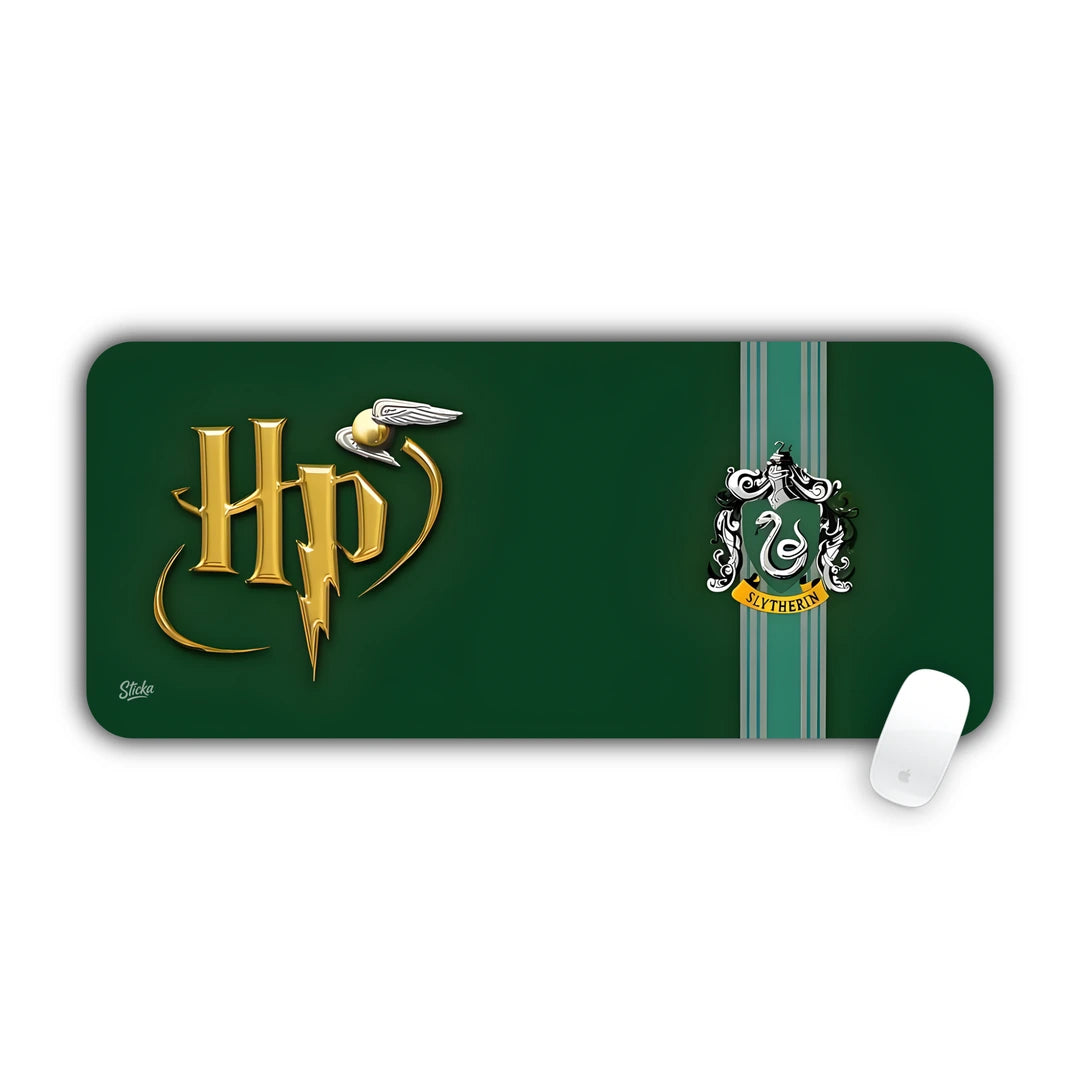 Harry Potter Slytherin house serpent crest and HP logo on emerald green background desk pad 70x30