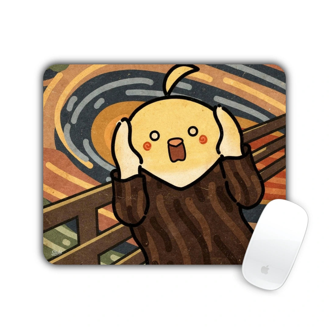 Yellow chick screaming on a bridge in a parody of Munch's The Scream mouse pad 23x19