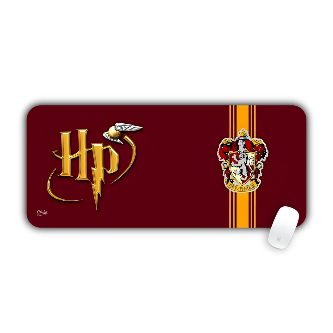 Harry Potter Gryffindor house lion crest and HP logo on deep red background desk pad 70x30