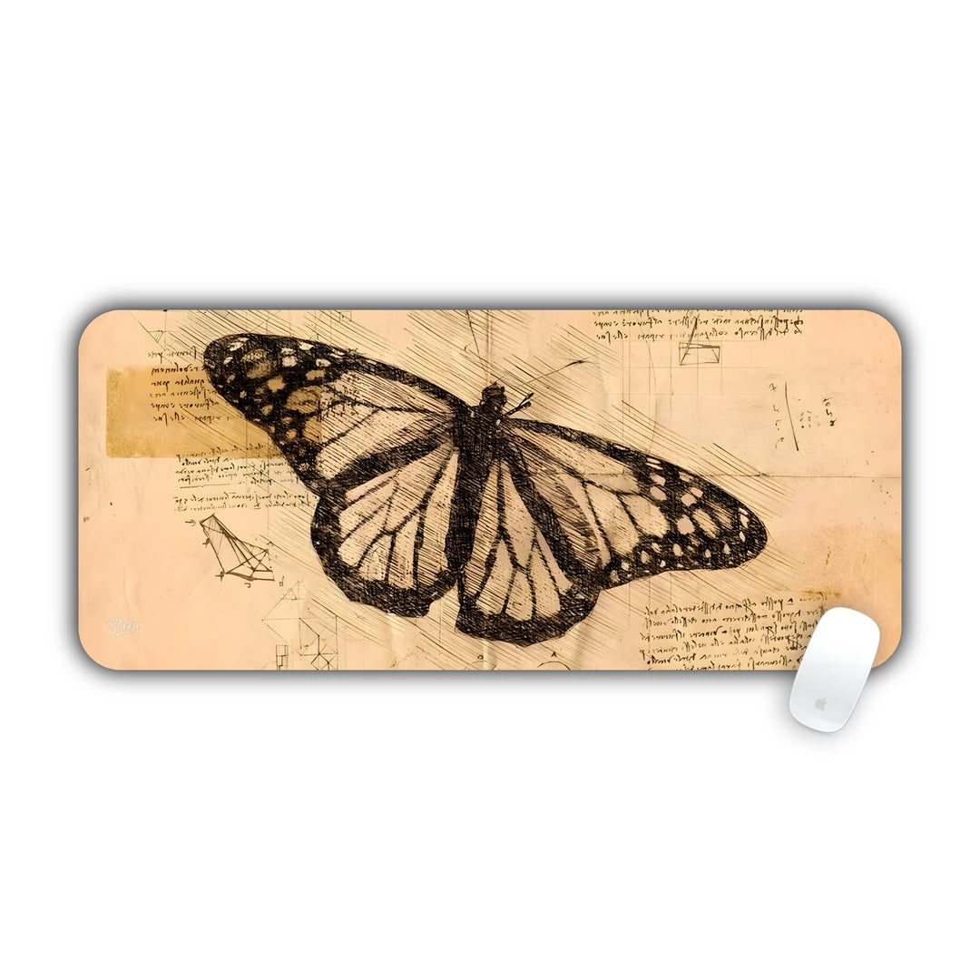 Detailed vintage monarch butterfly sketch with handwritten notes on aged parchment desk pad 70x30