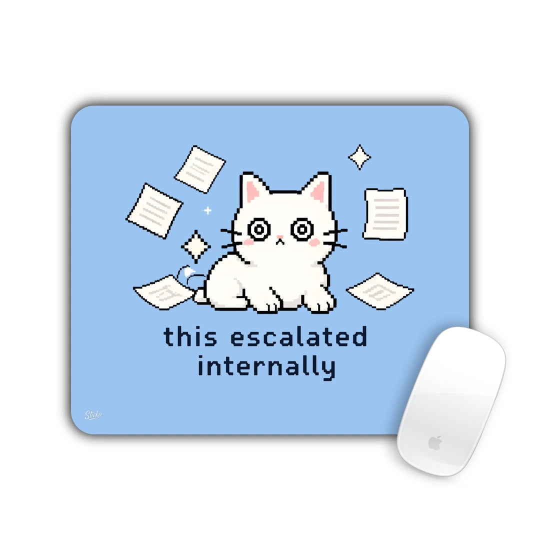 Pixel art white cat among flying papers with 'this escalated internally' text on light blue mouse pad 23x19