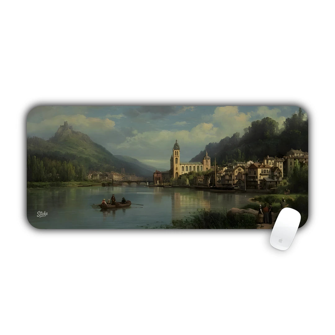 Classical romantic landscape painting of a quiet European riverside town and church desk pad 70x30