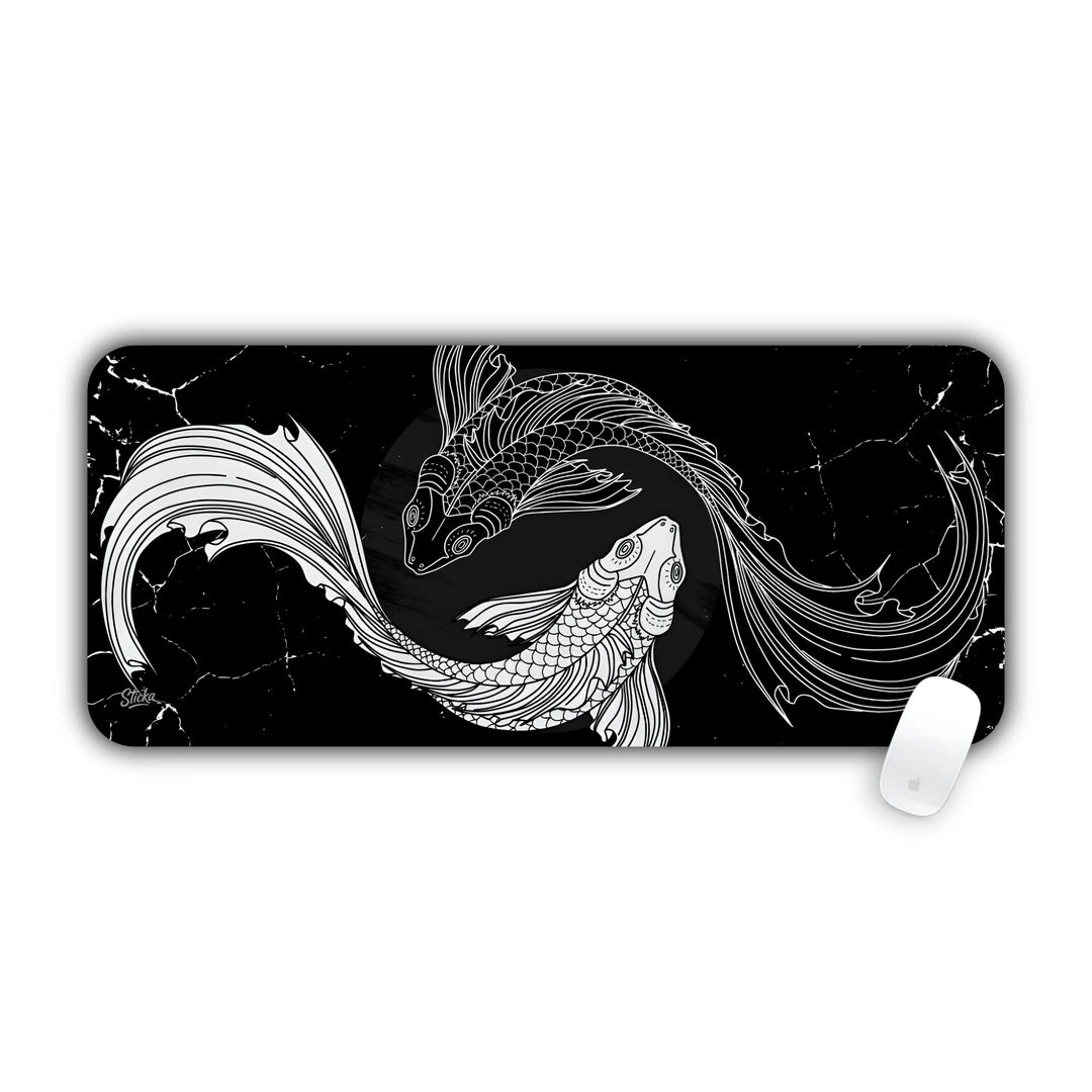 Black and white Japanese style yin and yang twin koi fish swimming in circular harmony desk pad 70x30