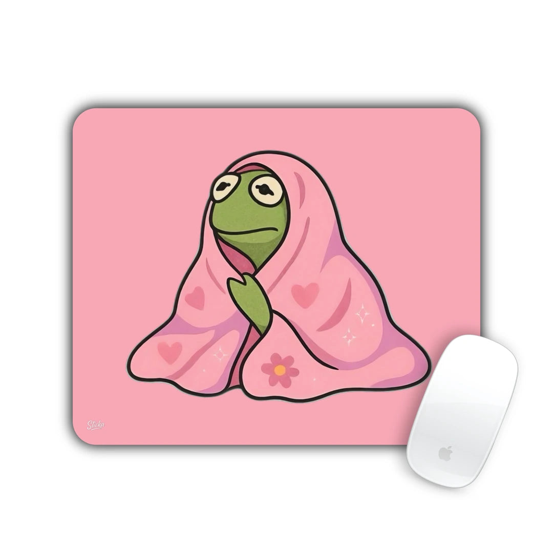 Green frog wrapped in a pink heart blanket on a pink background mouse pad 23x19