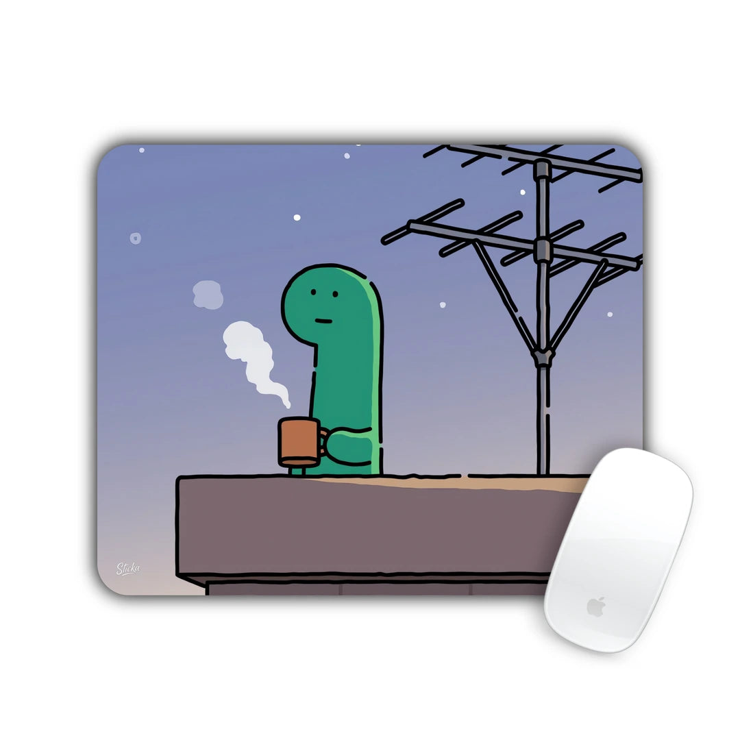 Little green dinosaur with a steaming mug on a rooftop by a TV antenna at dusk mouse pad 23x19