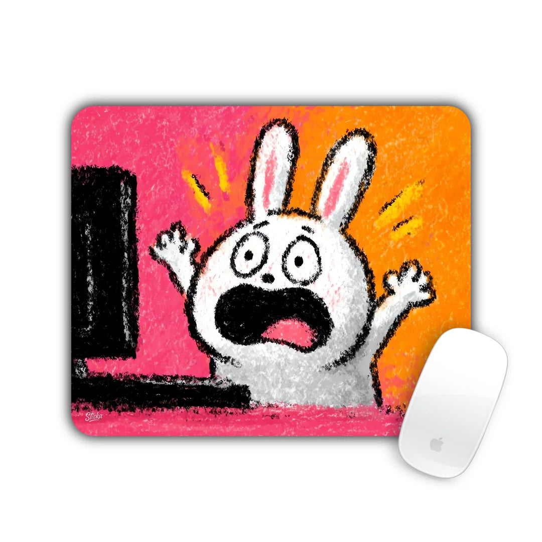 White bunny screaming in panic in front of a screen, crayon style on pink and orange mouse pad 23x19