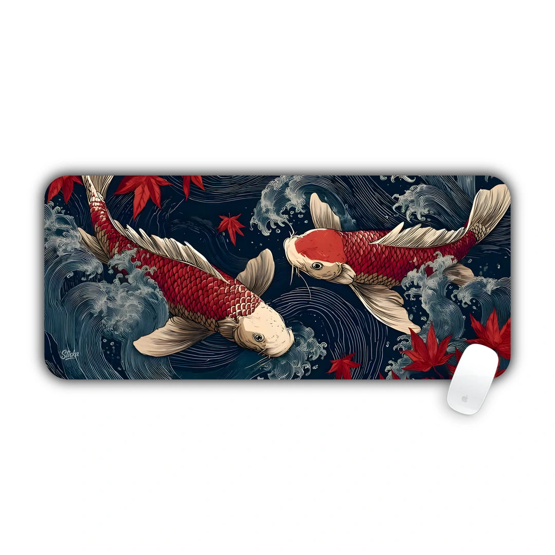 Two red and white Japanese koi fish swimming through dark blue ocean waves and crimson maple leaves desk pad 70x30