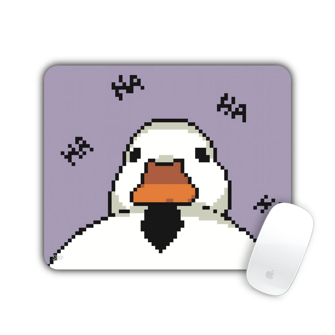 Pixel art white goose face with orange beak on lilac mouse pad 23x19