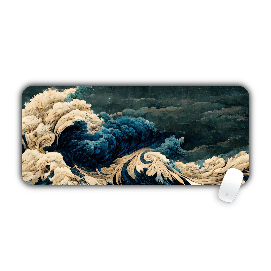 Dramatic deep blue tempestuous ocean wave in Japanese woodblock inspired painterly style desk pad 70x30