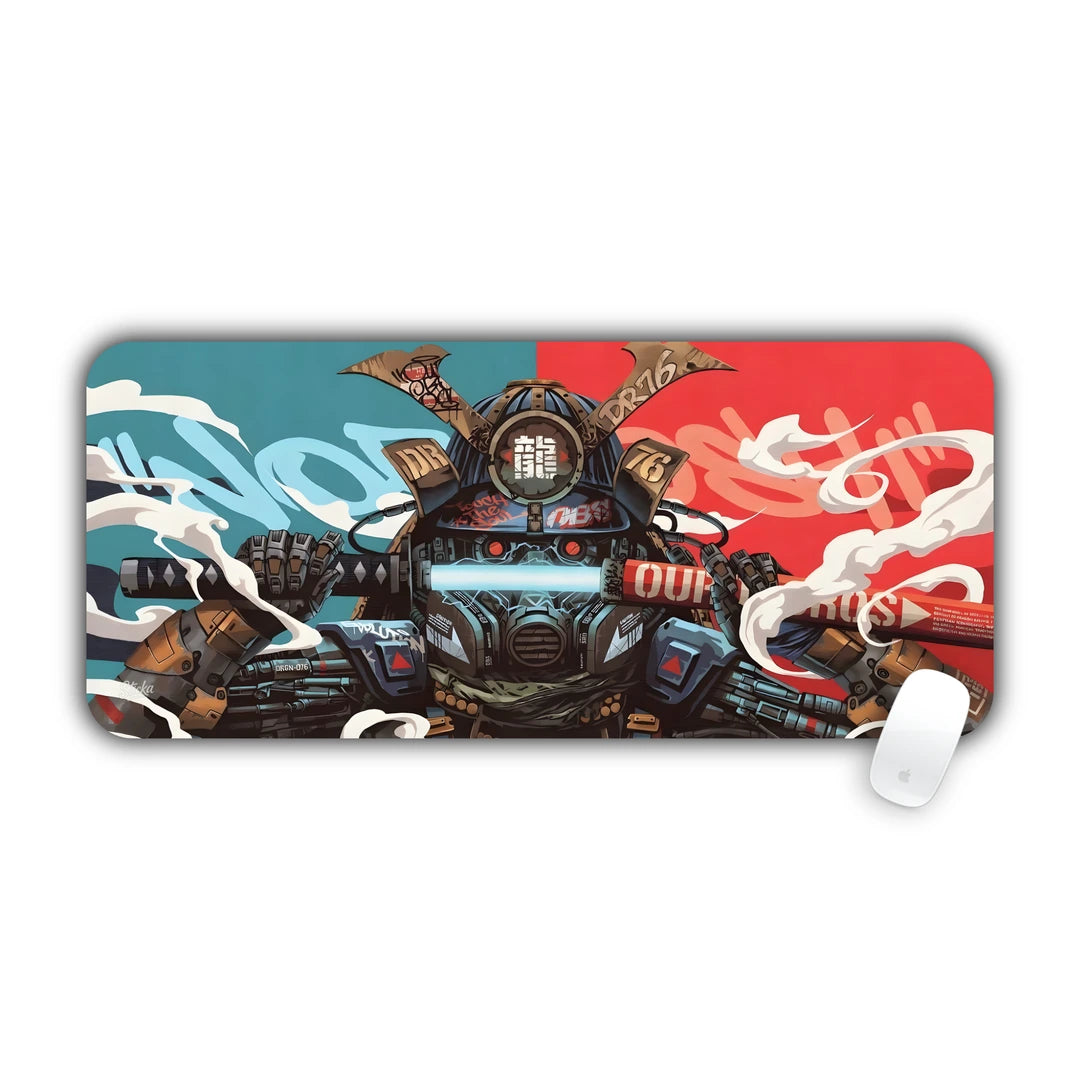 Futuristic robotic mecha samurai with kabuto helmet on split cyan and red graffiti background desk pad 70x30