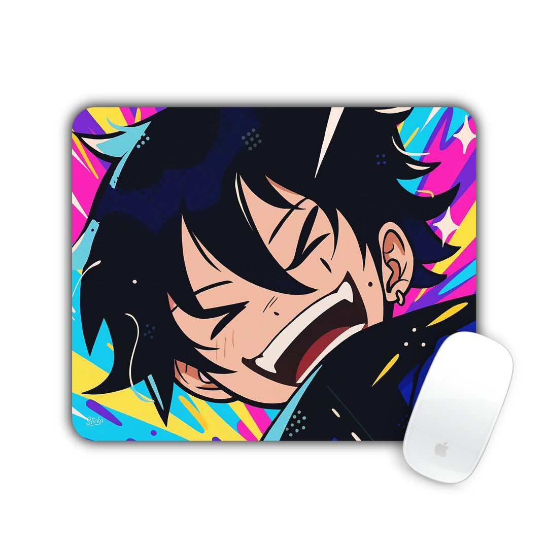 Black-haired anime boy laughing against a bright pop-art burst mouse pad 23x19