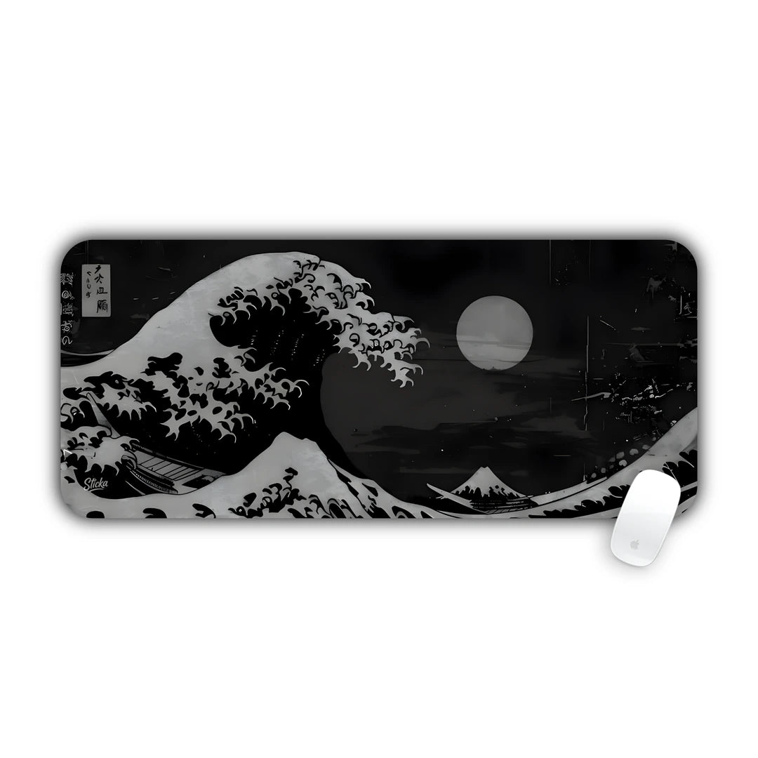 Black and white minimalist rendering of the Great Wave off Kanagawa with glowing full moon desk pad 70x30