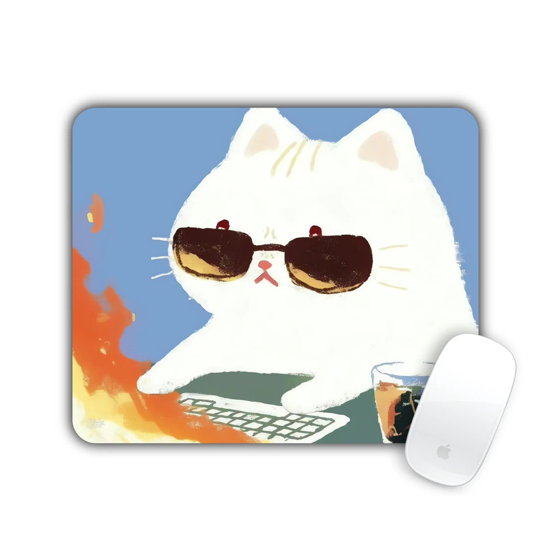 White cat in sunglasses typing on a keyboard with flames, on blue mouse pad 23x19