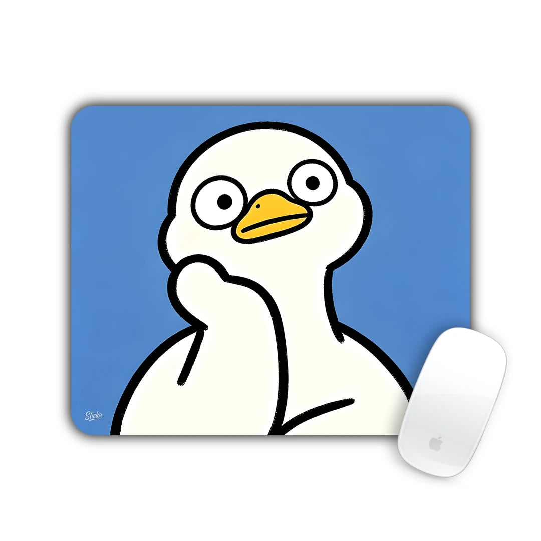 Big-eyed white duck pondering with wing on chin on blue mouse pad 23x19