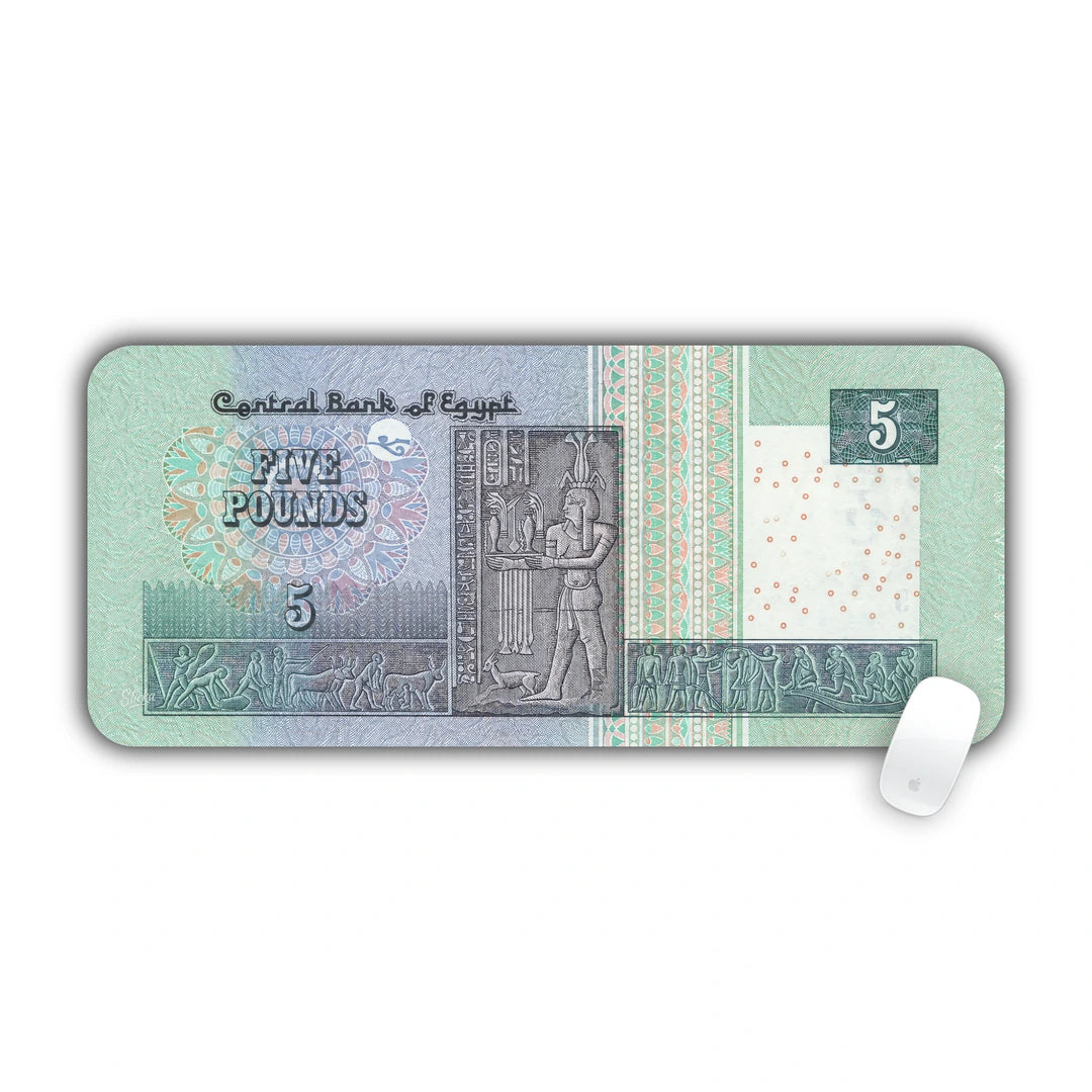 English reverse side of the Egyptian five pounds banknote featuring Horemheb pharaonic carving desk pad 70x30