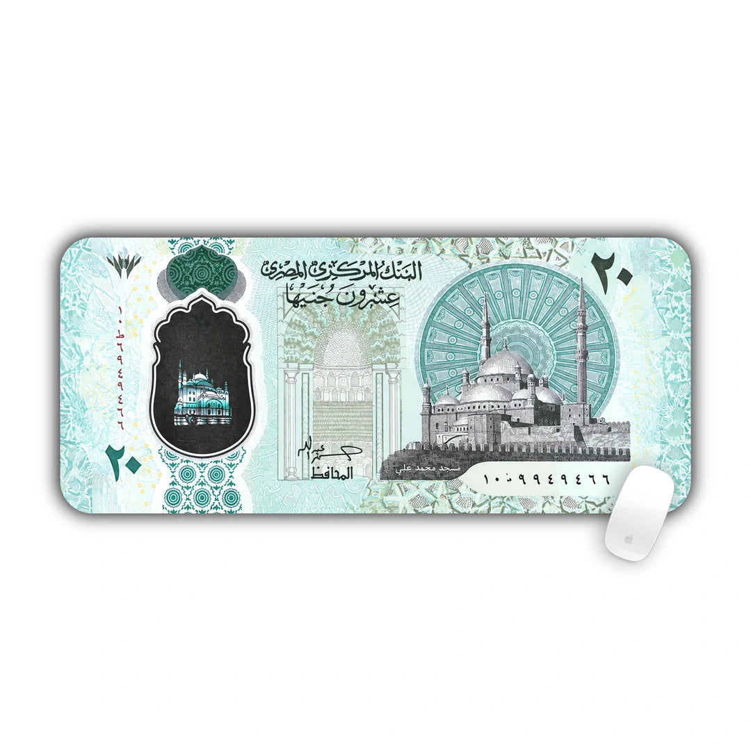 Arabic face of the Egyptian twenty pounds polymer banknote featuring Muhammad Ali Mosque in Cairo desk pad 70x30